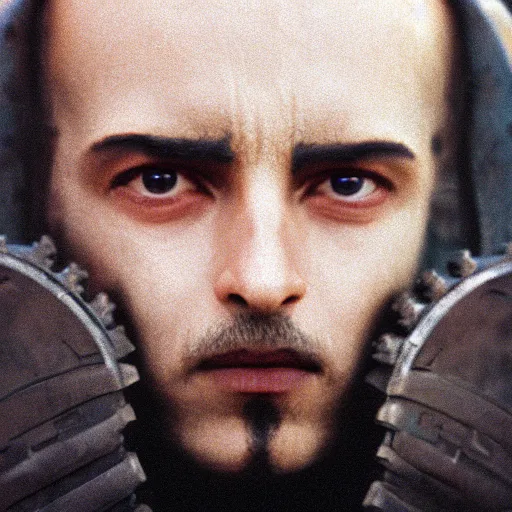 Image similar to Jodorowky's Dune movie, Paul Atreides, 55mm lens, symmetrical face, symmetrical eyes, cinematic, cinestill 400t film