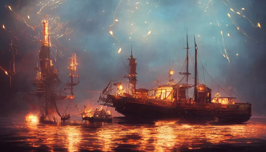 Prompt: A highly detailed matte painting of a glowing electrical Steampunk boat, steam and sparks, copper wires, victorian, by Studio Ghibli, Makoto Shinkai, by Artgerm, by WLOP, by Greg Rutkowski, volumetric lighting, octane render, 4K resolution, trending on artstation, masterpiece