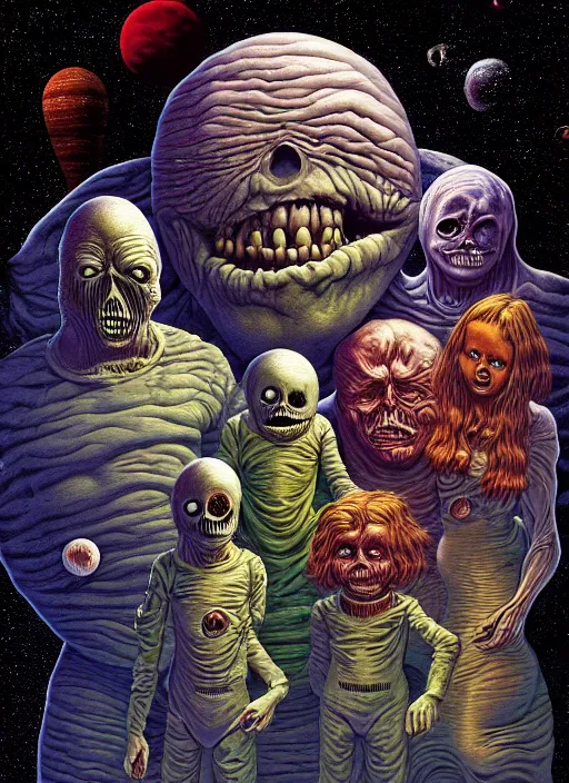 Prompt: detailed image of a very happy and creepy family in the deep space by richard corben, rich deep colors. masterpiece . intricate artwork, very coherent symmetrical artwork, cinematic, hyper realism, high detail, octane render, unreal engine, 8k, Vibrant colors, Smooth gradients, High contrast, depth of field. by Katsuhiro Otomo, full body character drawing, inspired by Evangeleon, clean ink detailed line drawing, intricate detail, extremely detailed.