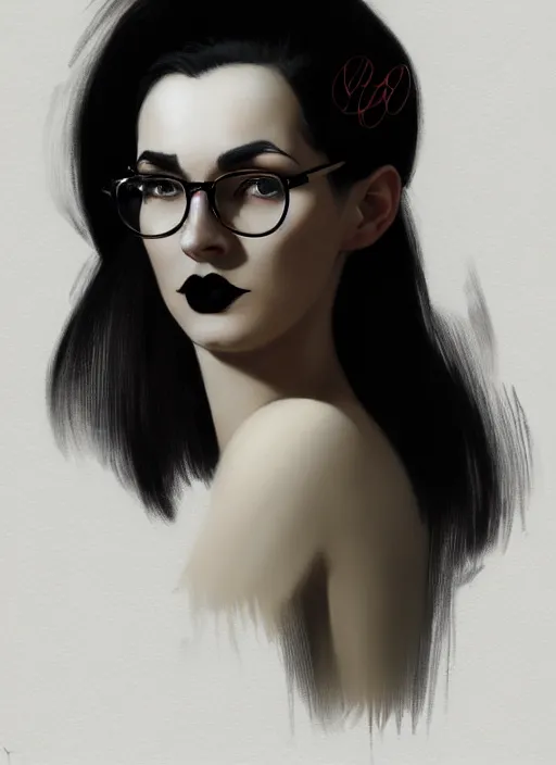 Prompt: portrait of a woman with glasses and a crooked nose and a confident expression, 1 9 6 0 s, black clothes, goth, punk, funk, intricate, elegant, highly detailed, digital painting, artstation, concept art, smooth, sharp focus, illustration, art by wlop, mars ravelo and greg rutkowski