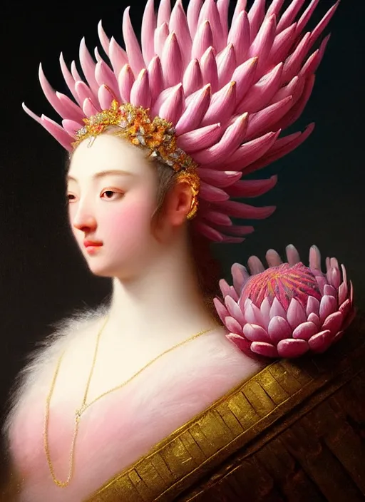 Prompt: stunning corean godess princess, detailed pink and white protea head peace against a black backdrop by ivan aivazovsky, wlop, super sharp details, photorealism, 5 0 mm lens, oil painting, beautiful soft lighting, muted colours, artstation