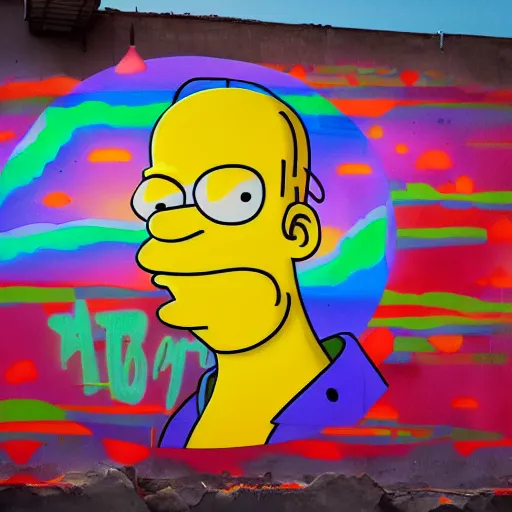 Prompt: A mixed media painting of graffiti wall of Homer Simpson, by Beeple, kawaii, post-processing, low angle, masterpiece, cinematic, isometric, volumetric lighting