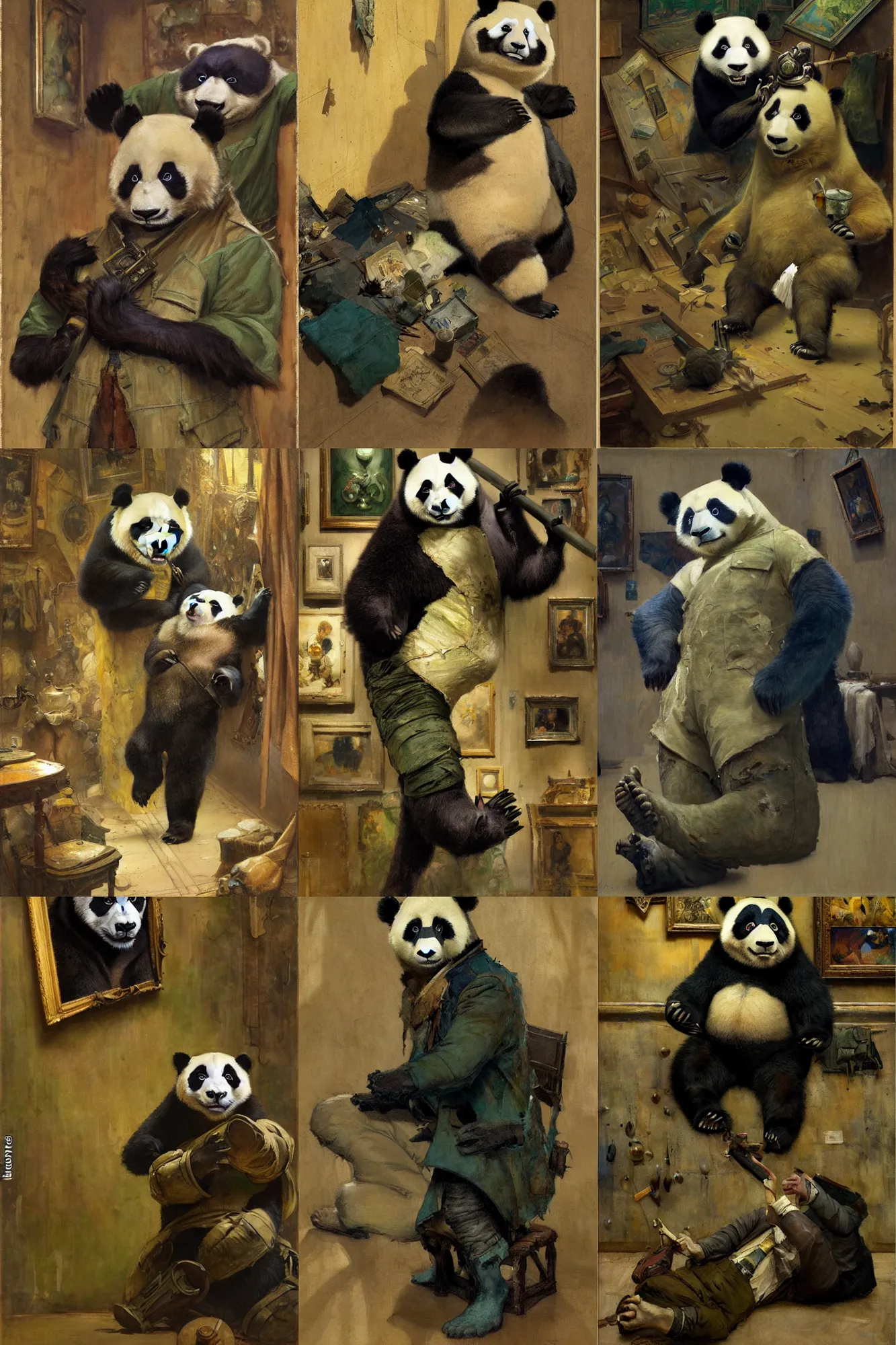 Prompt: anthropomorphic panda wearing olive colored shirt and a heavily torn dark blue long coat in shambles, inside a museum art gallery interior, character design, painting by gaston bussiere, craig mullins, j. c. leyendecker, tom of finland