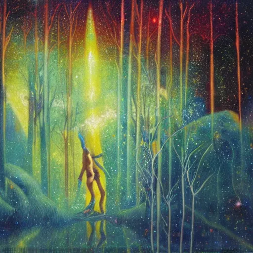 Image similar to psychedelic lush pine forest, outer space, milky way, amber eyes cat eyes designed by arnold bocklin, jules bastien - lepage, tarsila do amaral, wayne barlowe and gustave baumann, cheval michael, trending on artstation, star, sharp focus, colorful refracted sparkles and lines, soft light, 8 k 4 k