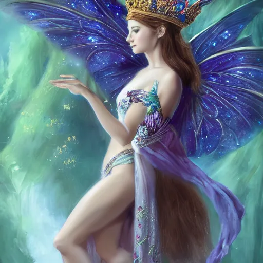 Image similar to detailed portrait of a fairy queen with wings wearing a silk robe, crown, pixie, iris, realism, emerald, galaxy, sapphire, blonde hair going down to touch the floor, moonlit, wearing a bejeweled mask, dark fantasy, dramatic lighting, dreamlike, cgsociety, artstation