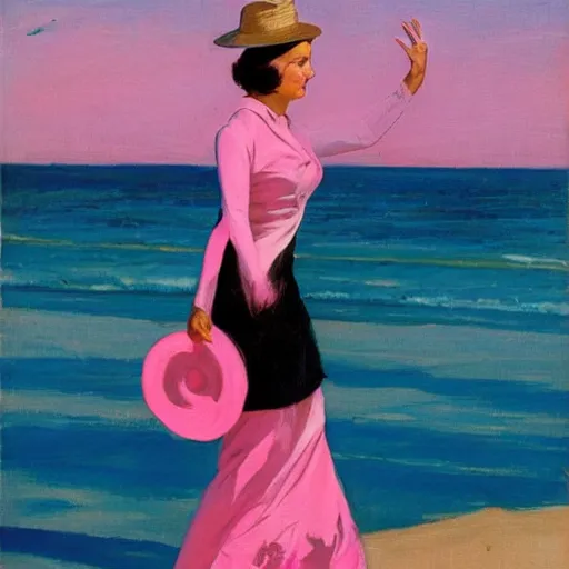 Prompt: woman in black dress in the middle of the beach, pink ocean, leyendecker style