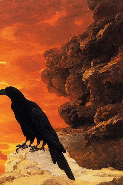 Image similar to a breathtakingly stunningly beautifully highly detailed extreme close up portrait of a raven under a rock arch, epic coves crashing waves plants, beautiful clear harmonious composition, dynamically shot, wonderful strikingly vivid orange beautiful dynamic sunset with epic clouds, detailed organic textures, by frederic leighton and rosetti and turner and eugene von guerard, 4 k