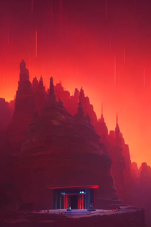 Prompt: futuristic red glowing temple overlooking a canyon, shooting stars, dramatic lighting, artstation, matte painting, ralph mcquarrie, simon stalenhag