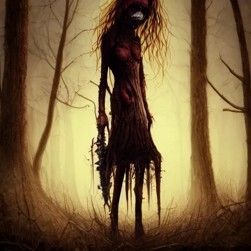 Prompt: A realistic detailed photo of a creepy witch, red eyes, destroyed body, dead skin, dead trees, detailed body, teeth filled with cavities, foggy landscape, creepy, light particles, detailed light, realistic shaders, trending on artisation, detailed textures, detailed, realistic.