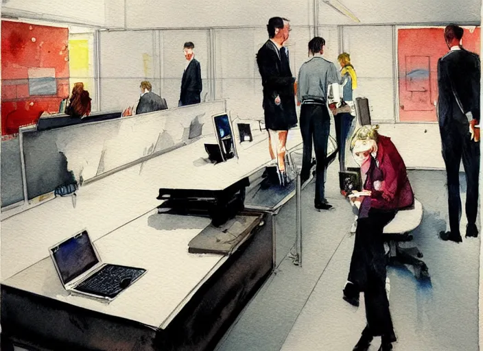 Image similar to concept art of a modern office life, pinterest, artstation trending, behance, watercolor, by coby whitmore *, silver, laser light *,