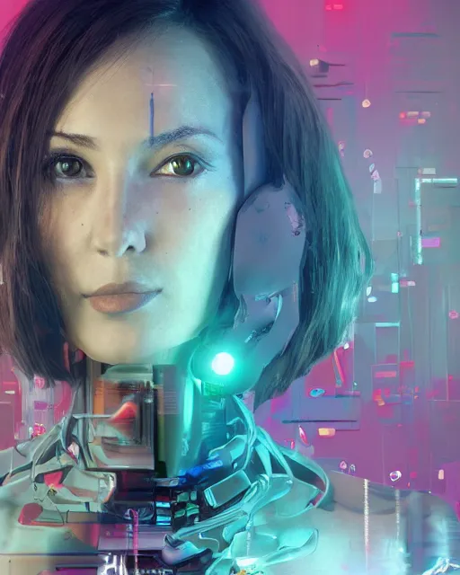Image similar to A broken monitor with the calm, pretty face of an AI woman on it. Very very very strong glitches on the monitor. The face is blurry with glitches. Extremely high detail, glitchcore, glitches, glitch, cyberpunk, deep colors, 8k render