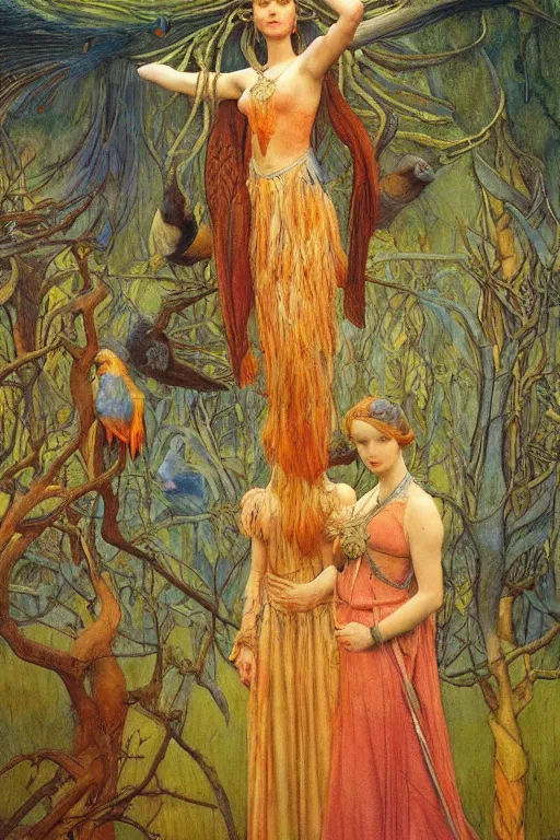 Prompt: the queen of the forest with her birds, by Annie Swynnerton and jean delville and Nicholas Roerich and Tino Rodriguez, elaborately costumed, rich color, dramatic cinematic lighting, smooth, sharp focus, extremely detailed, featured on artstation