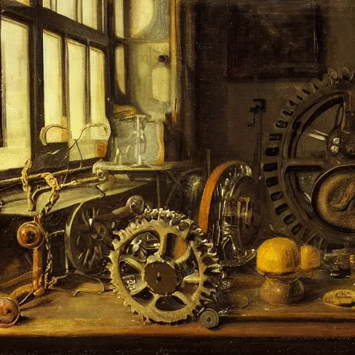 Image similar to A still life of a rusty robot, Pieter Claesz, William James Glackens, chains, gears