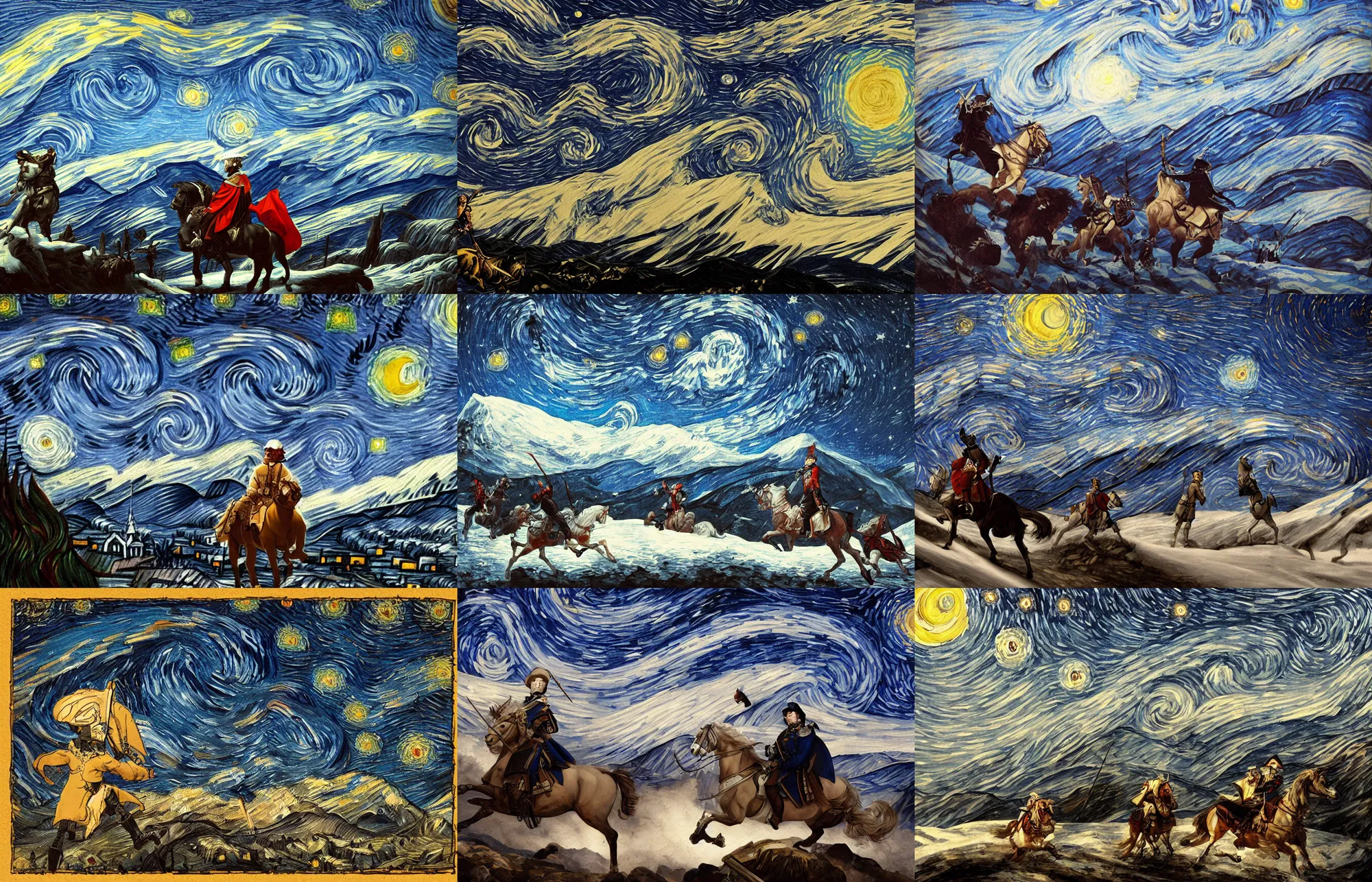 Prompt: a mix between napoleon crossing the alps and the starry night and the night watch in the style of sesshu toyo, artstation, deviantart