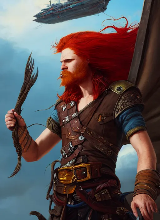 Image similar to An epic fantasy comic book style portrait painting of a long haired, red headed male sky-pirate in front of an airship, unreal 5, DAZ, hyperrealistic, octane render, by Greg Rutkowski, RPG portrait, dynamic lighting