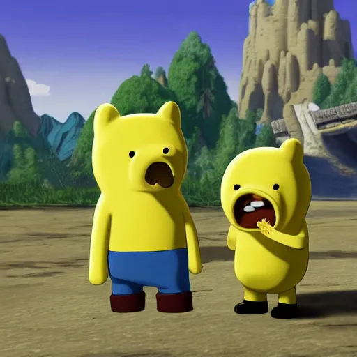 Image similar to finn and jake from adventure time in final fantasy 7, highly detailed painting, unreal engine