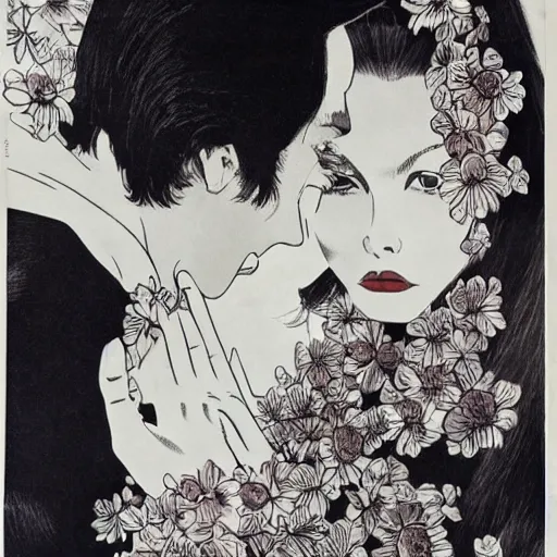 Prompt: 1 9 6 0 s symmetrical pretty elegant brigitte bardot as a vampire with alain delon, very detailed intricate intaglio, style of takato yamamoto lots of flowers