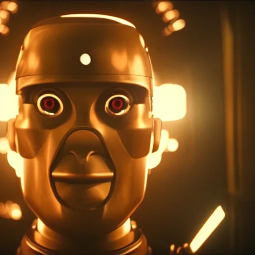 Image similar to movie scene of a man with a robot head, movie still, cinematic composition, cinematic light, criterion collection, reimagined by industrial light and magic, Movie by David Lynch