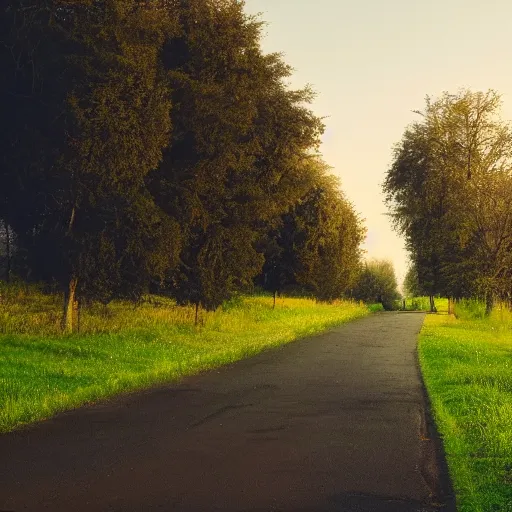 Image similar to Beautiful cameraphone, soft liminal Photograph of a residential road at early morning, lawn, bushes