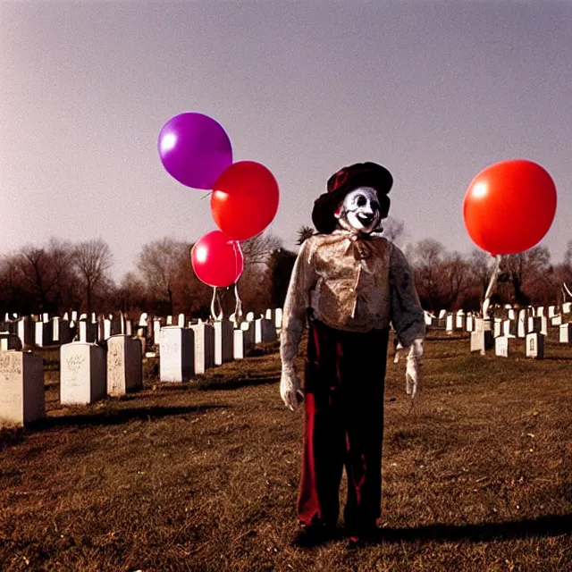 Image similar to creepy clown in the distance holding balloons in cemetary, photo by william eggelston