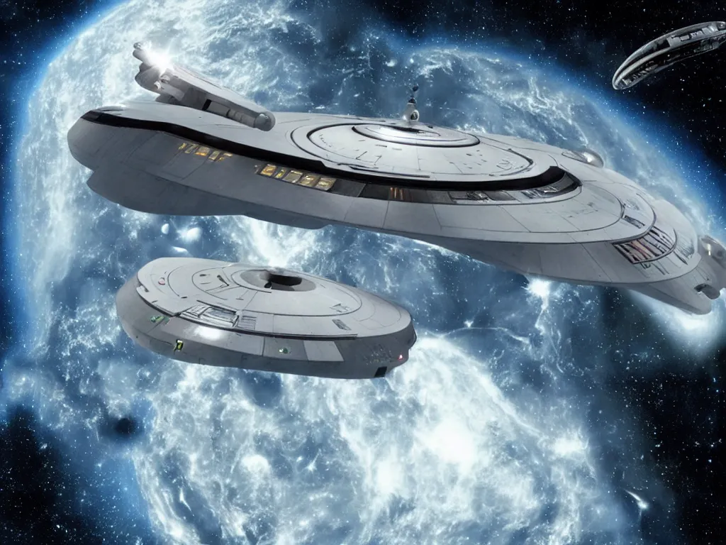 Image similar to Star Trek`s original Enterprise spaceship flying in a starry outer space