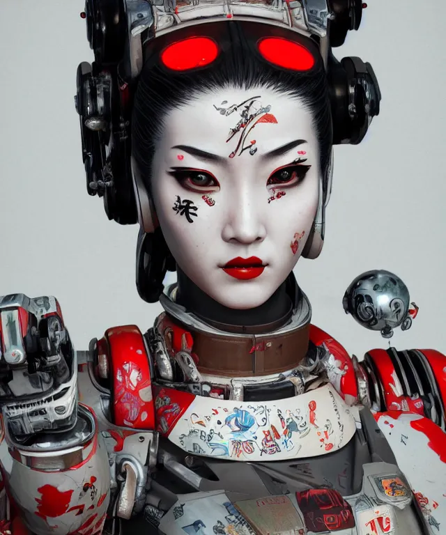 Image similar to an epic fantastic realism comic book style portrait painting of a japanese robotic geisha with kanji tattoos and decals, apex legends, octane render, intricate detail, 4 k hd, unreal engine 5, ex machina, irobot