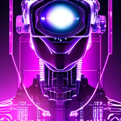 Image similar to Head of a robot with purple glowing eyes in cyberpunk neon Tokyo in style of Tsutomu Nihei. Cyberpunk, vertical symmetry, 8K, Highly Detailed, Intricate.