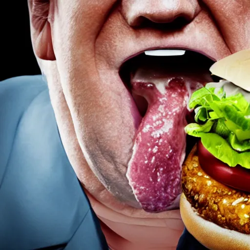 Image similar to macro photo still of donald trump! licking! a burger with his! tongue! out, mmmmm, studio portrait photo, studio lighting, rim light, key light, food photography, 3 5 mm f 1. 8