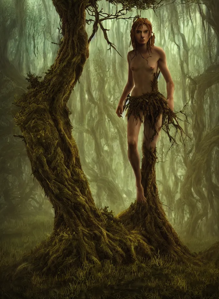 Image similar to a portrait of a dryad ent guarding the marshy swamps from skyrim, fantasy setting, cold environment, serene colors, soft lighting, atmospheric, cinematic, moody, in the style of diego koi, gina heyer, luiz escanuela, art by alyssa monk, hyperrealism, rule of thirds, golden ratio, oil on canvas, 8 k