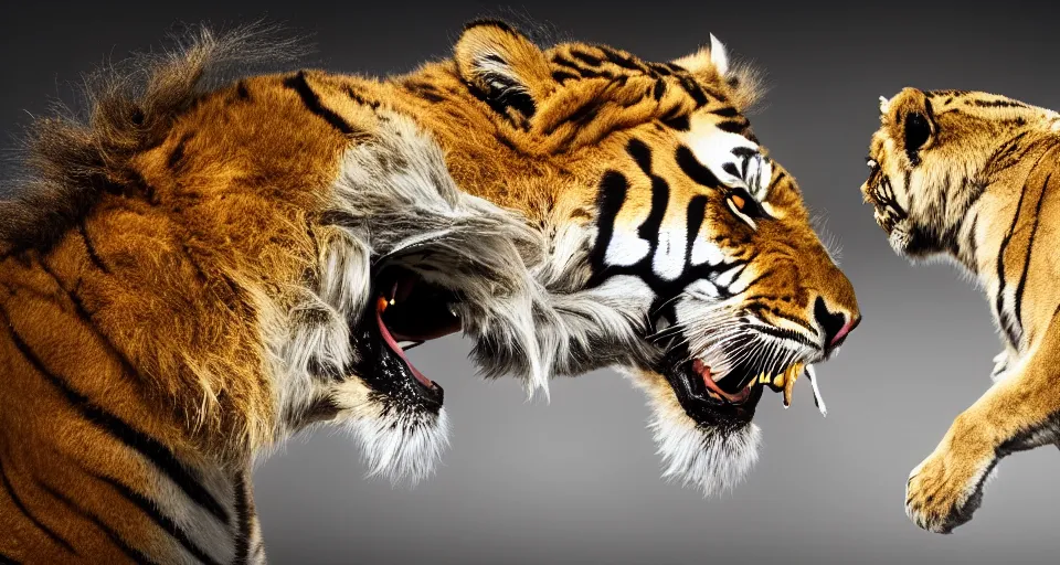 Image similar to a tiger and a lion boxing each other in the ring.