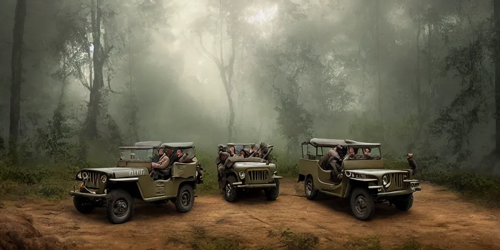 Image similar to british officers riding willys jeep, in kerala forest road in 1921, chasing a culprit, action scene, an epic fantasy, dramatic lighting, cinematic, establishing shot, extremely high detail, photorealistic, cinematic lighting, matte painting, artstation, by simon stalenhag, horizon forbideen west