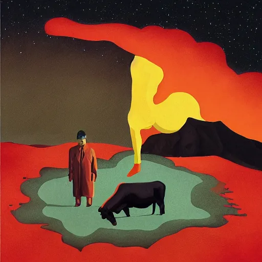 Image similar to isometric painting of a cow devouring a human, black mountains, dark atmosphere, decollage, fire, edward hopper, tristan eaton, victo ngai