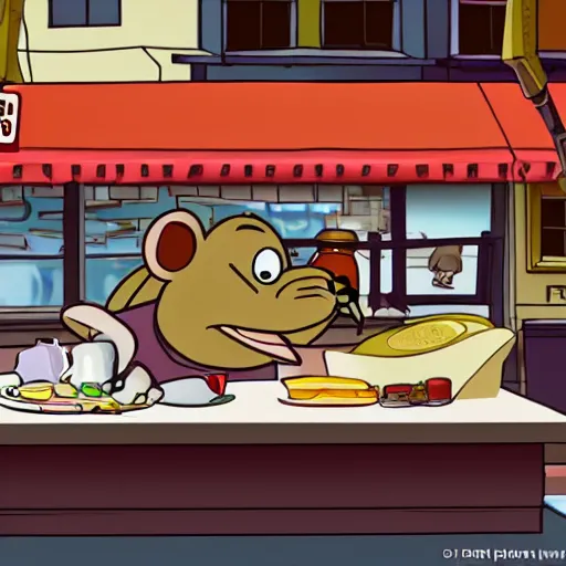 Image similar to A rat working as a chef in a run down New York City diner, High Definition Animated Still