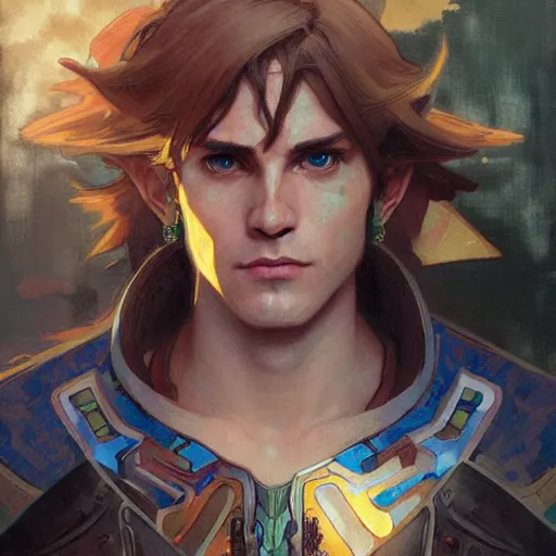 Image similar to Stunning portrait of Link from the Legend of the Zelda. Art by Greg Rutkowski and Alphonse Mucha