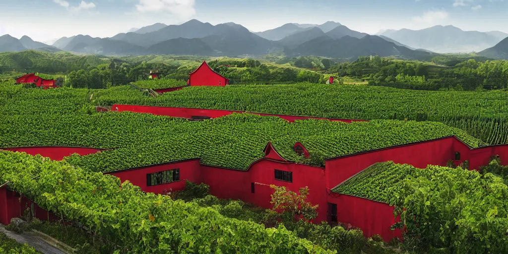 Image similar to A ink painting winery with red walls and a green roof. The vineyards are sprawling and green, with a river winding through them. In the distance, there are mountains. by zhang zeduan, mi fu, painting on silk, immaculate scale, hyper-realistic, Unreal Engine, Octane Render, digital art, trending on Artstation, 8k, detailed, atmospheric, immaculate