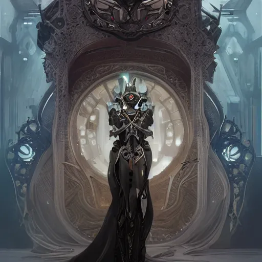 Image similar to a cyborg empress with mask, art nouveau ivory accessories, cyberpunk, darksynth, luxury, concept art by jama jurabaev, extremely detailed, ominous, ethereal, artstation, andree wallin, edvige faini, balaskas, alphonse mucha, symmetry