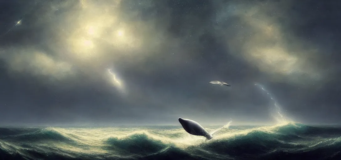 Prompt: a lonely whale flying above the sea, cosmic starry sky, concept art, trending on artstation, soft lightning by andreas achenbach, artgerm, mikko lagerstedt, zack snyder, tokujin yoshioka