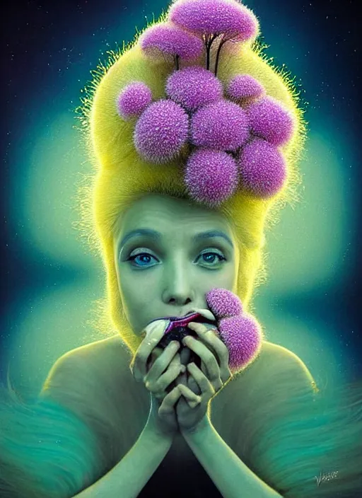 Image similar to hyper detailed 3d render like a Oil painting - Aurora (Singer) looking adorable and seen joyfully Eating of the Strangling network of yellowcake aerochrome and milky Fruit and Her delicate Hands hold of gossamer polyp blossoms bring iridescent fungal flowers whose spores black the foolish stars to her adorable smirking mouth by Jacek Yerka, Mariusz Lewandowski, Houdini algorithmic generative render, Abstract brush strokes, Masterpiece, Edward Hopper and James Gilleard, Zdzislaw Beksinski, Mark Ryden, Wolfgang Lettl, hints of Yayoi Kasuma, octane render, 8k