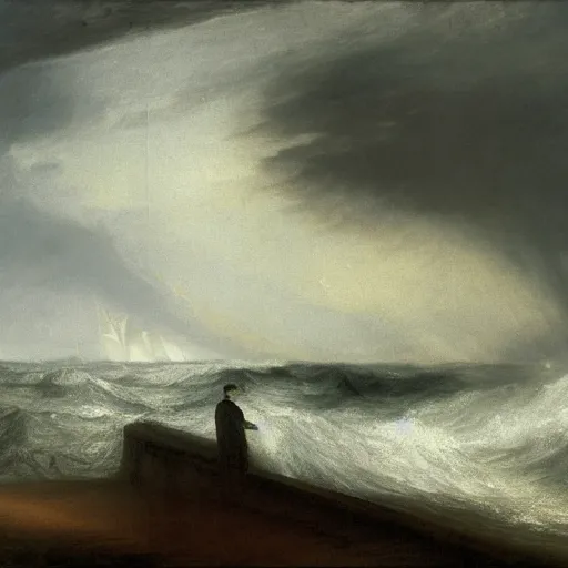 Image similar to Silhouette of a man in a dark coat, stormy sea in the background, sombre, by J.M.W Turner, dark, realistic, high textures, misty