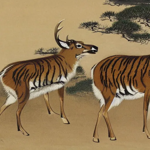 Prompt: a painting of deer in tiger skin and tiger in deer skin facing each other, their heads bowed towards ground by ohara koson