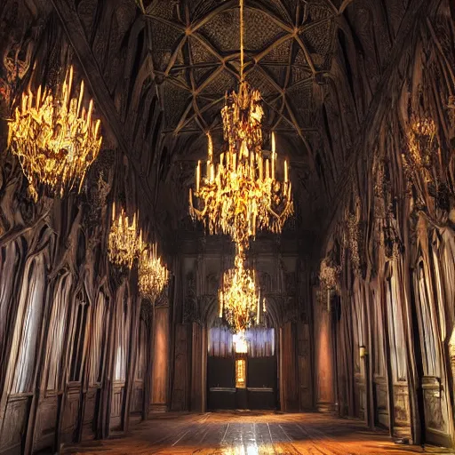 Prompt: large gothic hall with large chandeliers under the ceiling, horror movie, moonlight