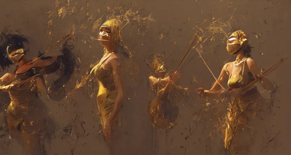 Image similar to craig mullins and ghibli digital art of on the stage, one masked female violinists ， exotic costumes, gold jewelry, black hair, realistic shading, cinematic composition, realistic render, octane render, detailed textures, photorealistic, wide shot