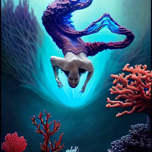 Prompt: unique non-conventional beauty, ornamental fish and corals and seaweed, surreal, intricate, etheric, floating, sensual, dramatic lighting, emotionally evoking symbolic metaphor, painterly, insanely detailed, lifelike, digital painting, artstation, concept art, smooth, sharp focus, illustration, art by John Collier and Krenz Cushart and Artem Demura and Alphonse Mucha and Albert Aublet