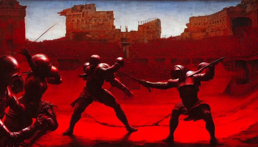 Image similar to only with red, an armored gladiator in a crowded roman amphitheatre, crowd cheering, in the style of beksinski and edward hopper and rodcenko and yue minjun and rolf armstrong, intricate and epic composition, red by caravaggio, highly detailed, masterpiece, red light, artstation