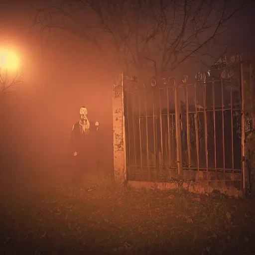 Image similar to a zombie at the gate of a decrepit house, night, misty, scary, spooky