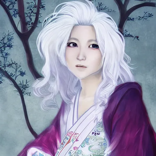 Prompt: Portrait of a japanese princess young lady, beauty, with a long white, white hair!!!, white hair!!!, ayaka cosplay, white hair!!!, young with white hair!!!!! artwork by Akihiko Yoshida