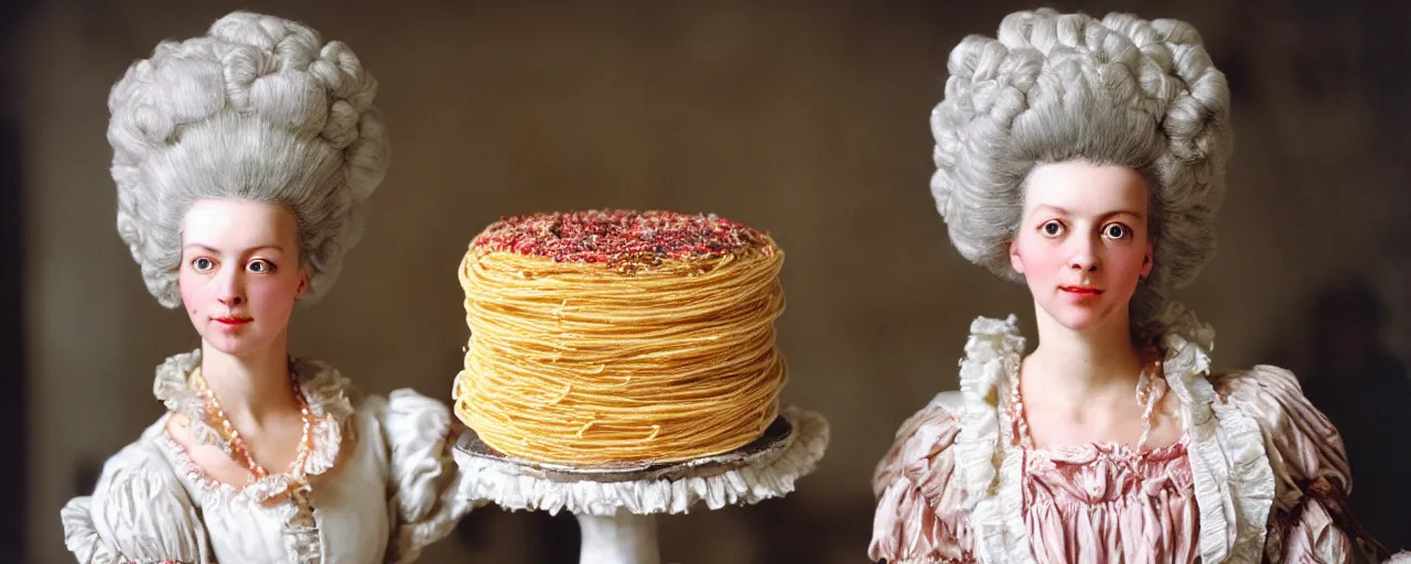 Prompt: marie antoinette in front of a cake made of spaghetti, high detailed face canon 5 0 mm, super detailed face, facial expression, cinematic lighting, photography, retro, film, kodachrome