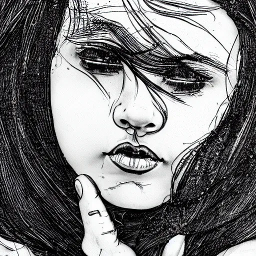 Prompt: black and white lineart of a girl looking up with her hands on her face, black oil dripping on her face