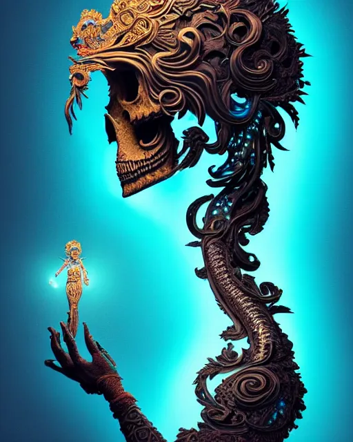 Image similar to 3 d ornate carved alice with profile portrait, sigma 5 0 0 mm f / 5. beautiful intricate highly detailed quetzalcoatl skull. bioluminescent, plasma, lava, ice, water, wind, creature, thunderstorm! artwork by tooth wu and wlop and beeple and greg rutkowski, 8 k trending on artstation