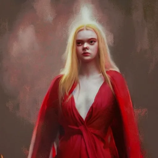 Image similar to a striking hyper real painting of Elle Fanning in a red cultist robe, fire lit, by Craig Mullins